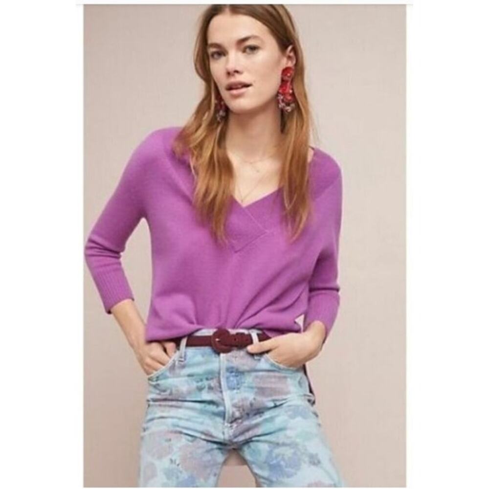 Anthropologie 100% Cashmere Collection Cassini Lilac Purple V Neck Size Large